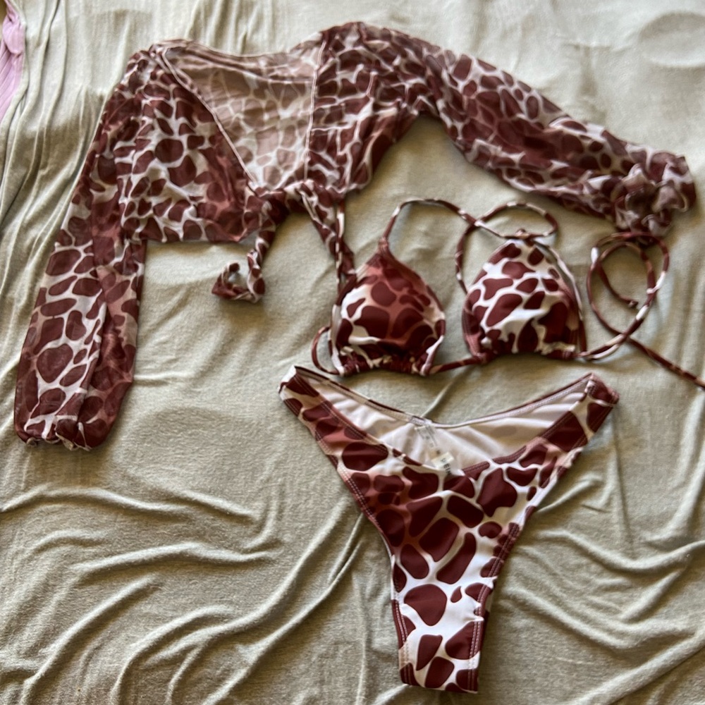 SHEIN Burgundy brown and White Abstract swimsuit and cover up top.